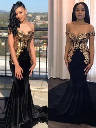 Купить 2019 Elegant Black Gold Metal Appliqued Mermaid Prom Reflective Dresses Off The Shoulder Black Girls Formal Party Evening Gowns BC0986