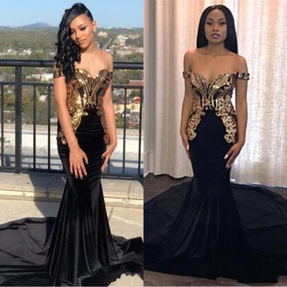 Купить 2019 Elegant Black Gold Metal Appliqued Mermaid Prom Reflective Dresses Off The Shoulder Black Girls Formal Party Evening Gowns BC0986