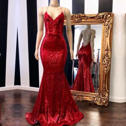 Купить Sexy Red Sequined Criss Cross Prom Gowns 2019 Spaghetti Straps Mermaid Evening Gowns Celebrity Dresses BC0420