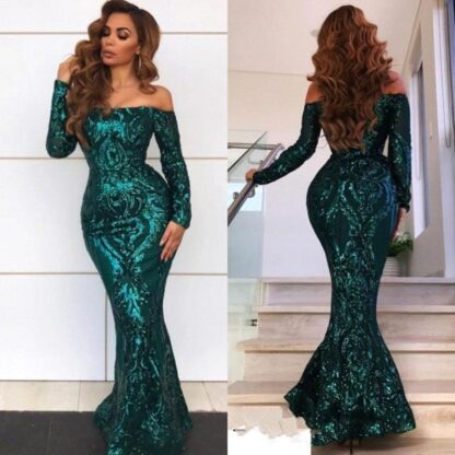 Купить Vintage Arabic Style Emerald Green Mermaid Evening Dresses Sexy Off Shoulders Elegant Long Prom Gowns Lace Sequined Pageant Wears BC0703