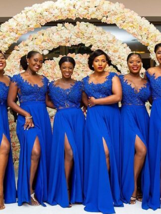 Купить African Blue Chiffon Lace Bridesmaids Dresses 2019 A Line Cap Sleeve Split Long Maid of Honor Gowns Plus Size Custom Made BM0615