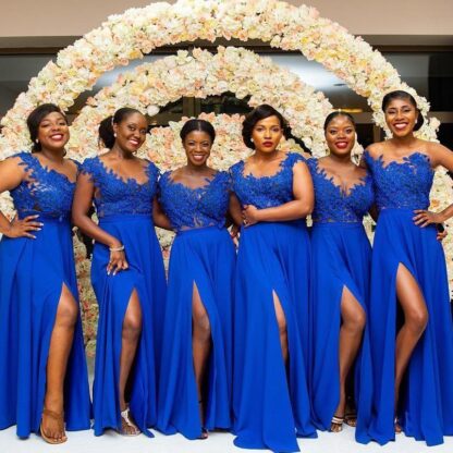 Купить African Blue Chiffon Lace Bridesmaids Dresses 2019 A Line Cap Sleeve Split Long Maid of Honor Gowns Plus Size Custom Made BM0615