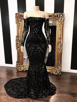 Купить 2020 Vestidos Off The Shoulder Mermaid Prom Dresses New Black Long Sleeve Sweep Strain Sequined Formal Evening Dress Party Gowns