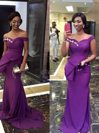 Купить 2020 African Purple Mermaid Bridesmaid Dresses Off Shoulder Peplum Sweep Train Appliques Garden Country Wedding Guest Maid Of Honor Dress