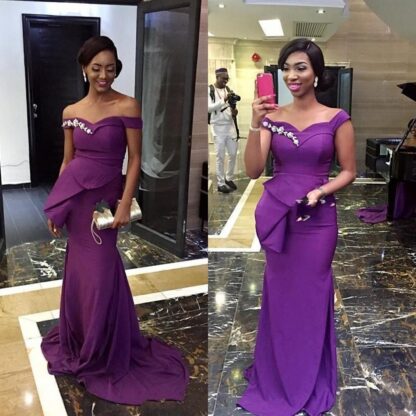 Купить 2020 African Purple Mermaid Bridesmaid Dresses Off Shoulder Peplum Sweep Train Appliques Garden Country Wedding Guest Maid Of Honor Dress