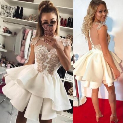 Купить Tiered A-Line Short Homecoming Dresses Appliques Sexy Sheer Back 2019 Mini Party Dress Cocktail Dress Club Wear Cheap Mini Evening Gown