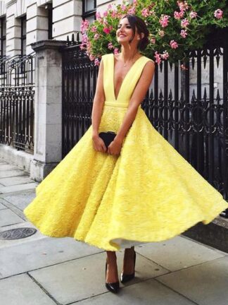 Купить Eleagnt Wedding Guest Dress Light Yellow Sexy Plunging Party Dresses A Line Sleeveless Lace Tea Lengt Backless Formal Gowns