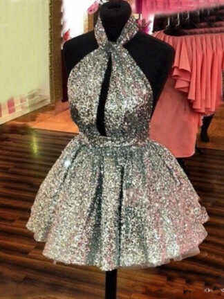 Купить Sparkly Silver Sequined cocktail Homecoming Dresses Halter Sexy Backless Short Prom Hollow Front Formal Party