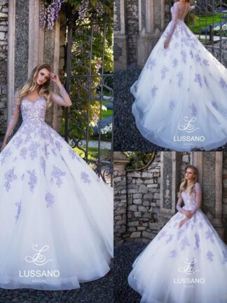 Купить 2022 Stunning Lavender Illusion Bodices A Line Wedding Dresses Sheer Neck Long Sleeves Lace Appliqued Beach Bridal Gowns Custom Made BC6015