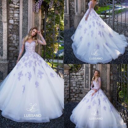 Купить 2022 Stunning Lavender Illusion Bodices A Line Wedding Dresses Sheer Neck Long Sleeves Lace Appliqued Beach Bridal Gowns Custom Made BC6015