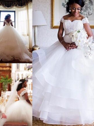 Купить 2020 African Tiered Ruffles Ball Gown Wedding Dresses White Sweetheart Cap Sleeves Wedding Gowns With Beading Belt Sweep Train Bridal Gowns