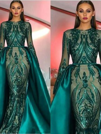 Купить 2020 Emerald Green Long Sleeves Mermaid Evening Dress with Detachable Train Abaya Kaftan Dubai Muslim Prom Dress robe de soiree BC2230