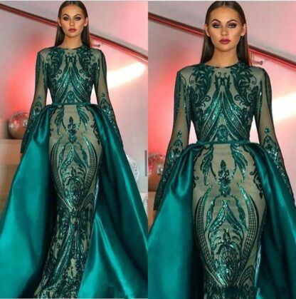 Купить 2020 Emerald Green Long Sleeves Mermaid Evening Dress with Detachable Train Abaya Kaftan Dubai Muslim Prom Dress robe de soiree BC2230