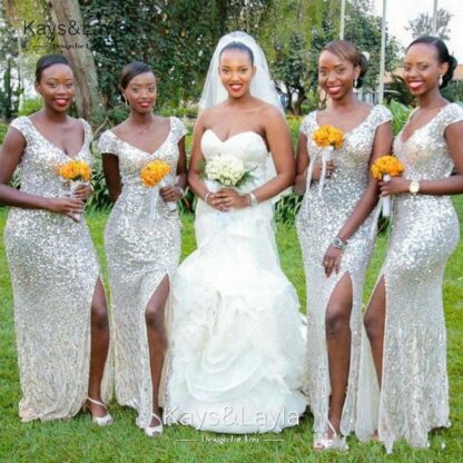 Купить New African Silver Cheap Sequined Bridesmaid Dresses 2020 V Neck Sexy High Side Split Long Wedding Party Dress Maid of Honor Dresses