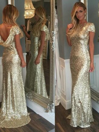 Купить Fashion Champagne Gold Sequins Long Bridesmaid Dresses Sparkly Short Sleeve Backless Wedding Junior Party Gowns Maid of Honor Dresses