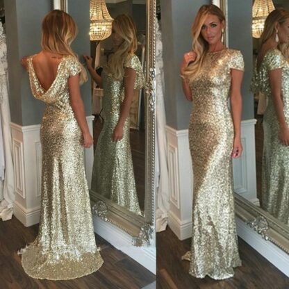 Купить Fashion Champagne Gold Sequins Long Bridesmaid Dresses Sparkly Short Sleeve Backless Wedding Junior Party Gowns Maid of Honor Dresses