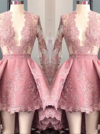 Купить 2020 Hi Lo Pink Long Sleeves Appliques Homecoming Cocktail Dresses Deep V-Neck Elegant 8th Grade Prom Party Dresses