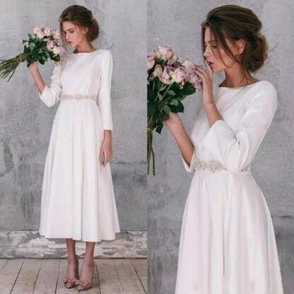 Купить 2020 Vintage Scoop A Line Long Sleeve Country Tea Length Wedding Dresses Gorgeous Simple Wedding Bridal Gowns Robe De Mariage Custom Made