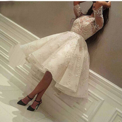 Купить Fashion Ivory Short Prom Dress Lace Applique Beads Half Sleeve Knee Length Dubai Arabic Cocktail Party Gowns
