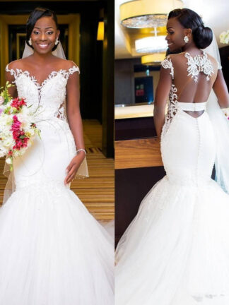Купить Gowns geous White Sheer Neck Capped Sleeves Lace Mermaid DressesAppliqued Tulle Hollow Back African Wedding Bridal