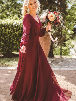 Купить Bohemia V Neck Chiffon Long evening Bridesmaid Dresses Sleeves Ruched Floor Length Guest Maid of Honor