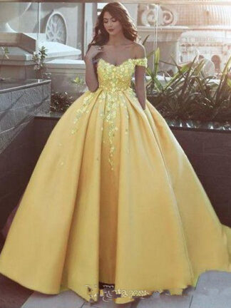 Купить Fashion Yellow 3D Floral Flowers Quinceanera Prom Dresses Ball gown Off the shoulder Lace With Sleeves Sweet Evening Dress Vestidos