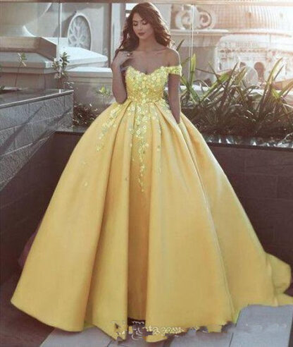 Купить Fashion Yellow 3D Floral Flowers Quinceanera Prom Dresses Ball gown Off the shoulder Lace With Sleeves Sweet Evening Dress Vestidos