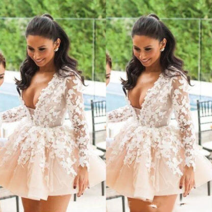 Купить V Neck Short Mini cocktail Homecoming Dresses Long Sleeve Lace Applique Prom Dress Formal Party Evening Gowns