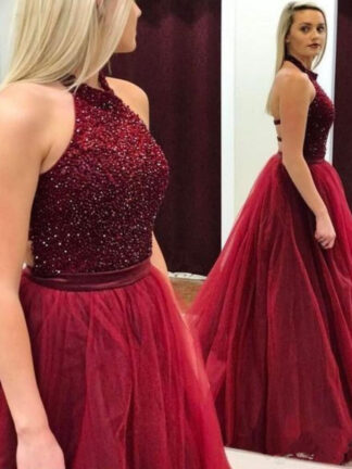 Купить 2021 Crystal Beaded Burgundy Prom Dress Sleeveless Halter Long Evening Dresses Formal Party Gown Backless Grace