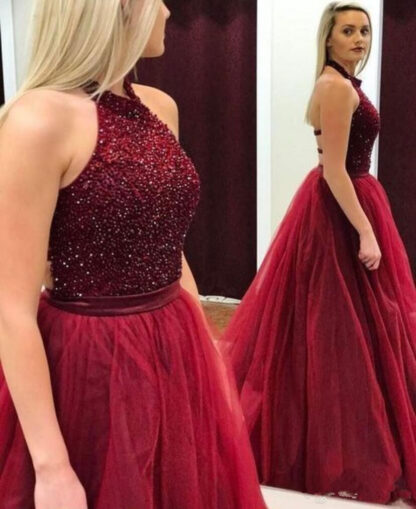 Купить 2021 Crystal Beaded Burgundy Prom Dress Sleeveless Halter Long Evening Dresses Formal Party Gown Backless Grace