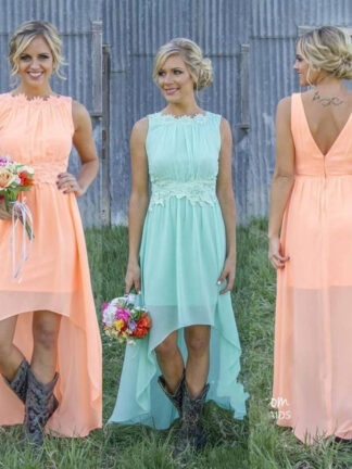 Купить 2022 Country Bridesmaid Dresses Bateau Backless High Low Chiffon Coral Mint Green Beach Maid Of Honor Dress For Wedding Party robes de soirée