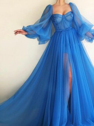 Купить Romantic Blue Muslim Evening Dresses A-line Sweetheart Long Sleeves Tulle Islamic Dubai Saudi Arabic Gown Prom