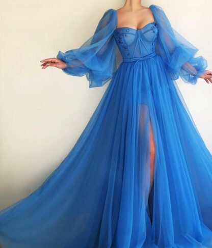 Купить Romantic Blue Muslim Evening Dresses A-line Sweetheart Long Sleeves Tulle Islamic Dubai Saudi Arabic Gown Prom