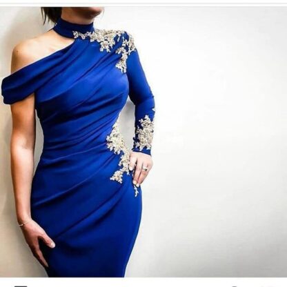 Купить New Arrival One shoulder Long sleeve evening dress Royal blue gowns Lace Beaded Formal Party