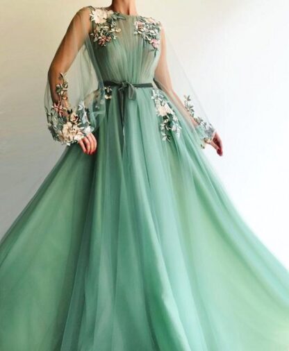 Купить Illusion Long Sleeve Tulle A-Line Mint Green Prom Dresses Applique Flowers vestidos de festa longo Formal pageant Evening Dress