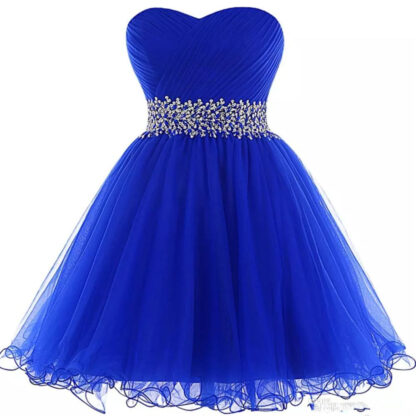 Купить Organza Ball Gown Homecoming Dresses Royal Blue Elegant Beaded Short Prom Gowns Lace Up Party Dress