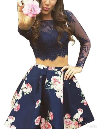 Купить Bonnie Lace Bodice Homecoming Dresses Short Two Piece Floral Print Prom Party Dress Long Sleeves