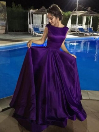 Купить Regency Purple Satin Ball Gown Prom Dresses Scoop Cap Sleeves Simple Backless Formal Gowns Special Occasion vestidos de novia