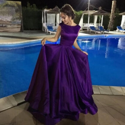 Купить Regency Purple Satin Ball Gown Prom Dresses Scoop Cap Sleeves Simple Backless Formal Gowns Special Occasion vestidos de novia