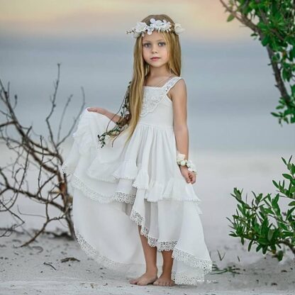 Купить 2020 Beach Cheap High Low Bohemian Lace Flower Girl Dresses For Beach Wedding Pageant Gowns A Line Boho Kids First Holy Communion Dress