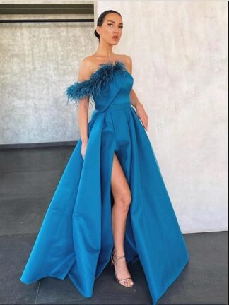 Купить A Line Blue Prom Dresses Feather High Side Split Floor Length Formal Evening Dress Satin Ruffles Arabic Party Gowns