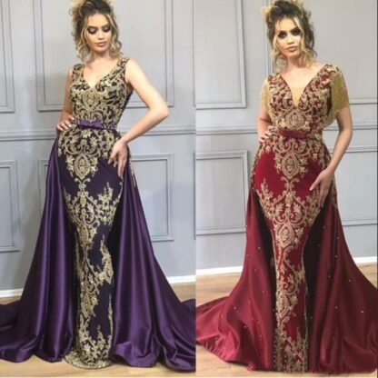 Купить Yousef Aljasmi Mermaid Purple wine Evening Dresses With Overskirt arabic Indian formal mermaid prom dress Gold Lace Tassel Wear Gowns