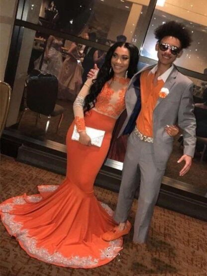 Купить Newest Orange Prom Dresses Long Sleeve Lace Applique Mermaid Evening Dress For Women's Party Gown With Sweep Train