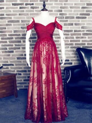 Купить Charming Red A-line Sweetheart Spaghetti Straps Lace Prom Dress Off the Shoulder Long Burgundy Evening Dress