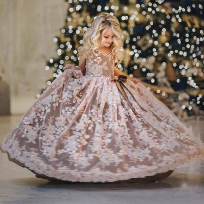 Купить Luxury Flower Girls Dresses 3D Lace Embroidery Appliques Kids Pearls Evening Gowns Tulle Sleeveless Girls Pageant Dress