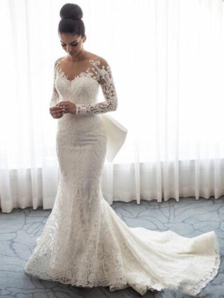 Купить dress Mermaid Lace Wedding Dresses Detachable Train Vestidos De Novia Long Sleeve Bridal Gowns Custom Made Tail applique Slim