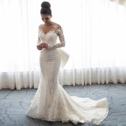 Купить dress Mermaid Lace Wedding Dresses Detachable Train Vestidos De Novia Long Sleeve Bridal Gowns Custom Made Tail applique Slim