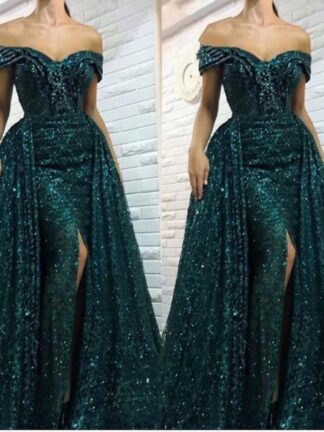 Купить 2020 Yousef aljasmi Sequined Mermaid Evening Dresses Long Overskirts Side Split Off Shoulder Prom Dresses Side Split Pageant Party Gowns