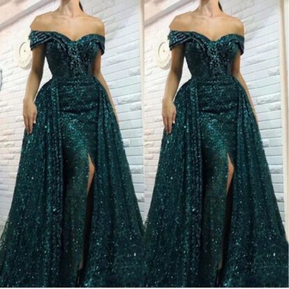 Купить 2020 Yousef aljasmi Sequined Mermaid Evening Dresses Long Overskirts Side Split Off Shoulder Prom Dresses Side Split Pageant Party Gowns