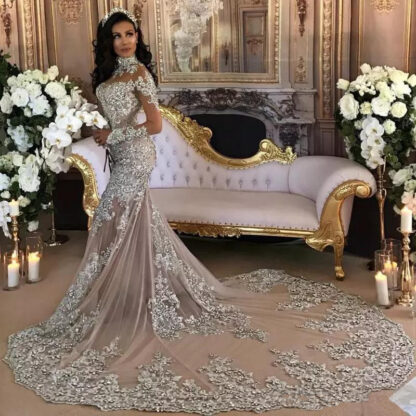 Купить Sexy Silver Mermaid Wedding Dresses High Neck Long Sleeves Applique Sequins Beaded Illusion Sparkly Saudi Arabic Bridal Gown